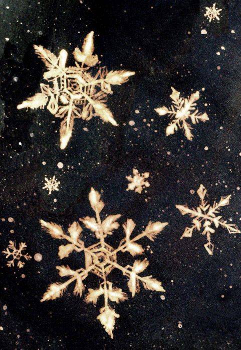 Snowflakes in the sky. Bleach and ink. 2009