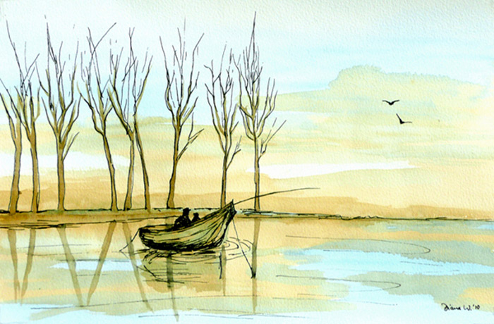 Boat on lake. Watercolour 2010